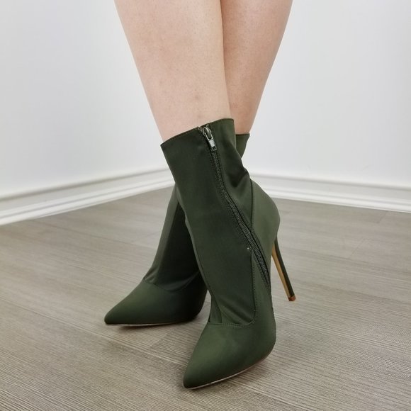 Olive Pointy Toe Sexy Stiletto Ankle Sock Boots - Picture 2 of 11
